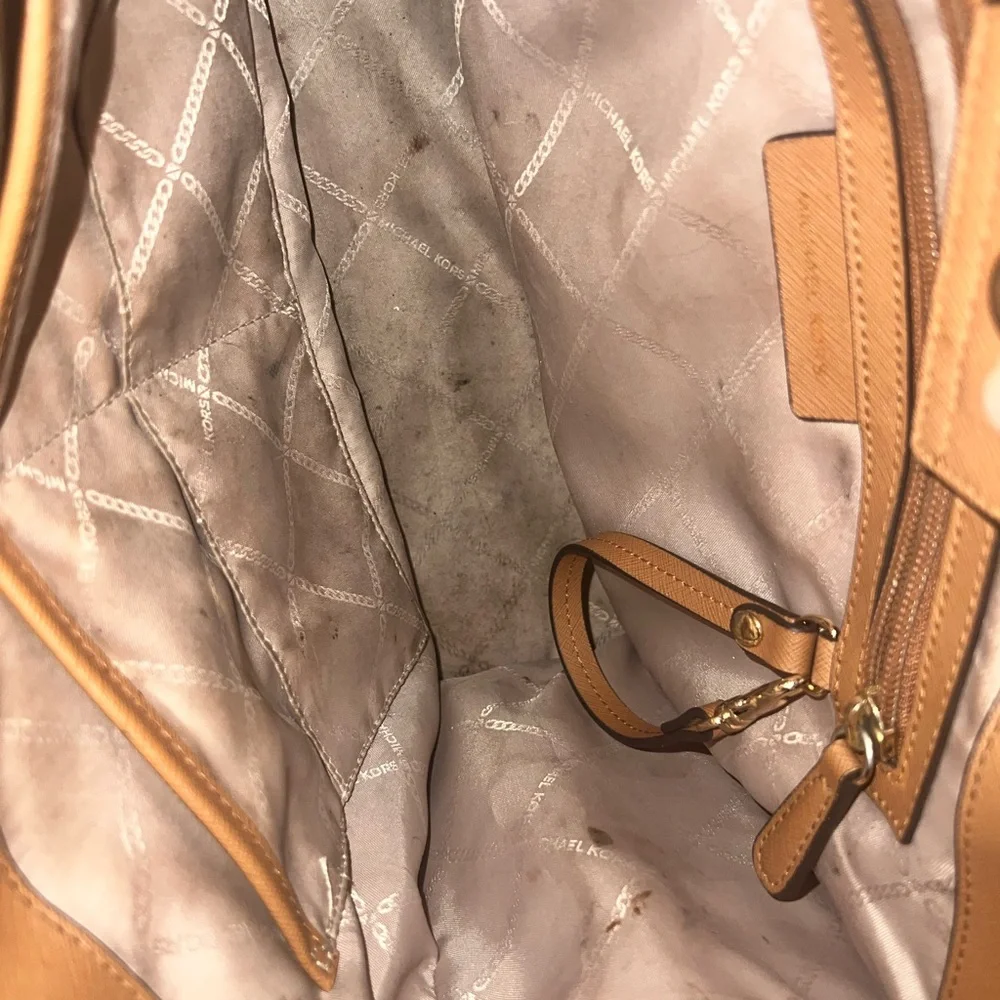 Michael Kors Cream and Tan MK Monogram Satchel